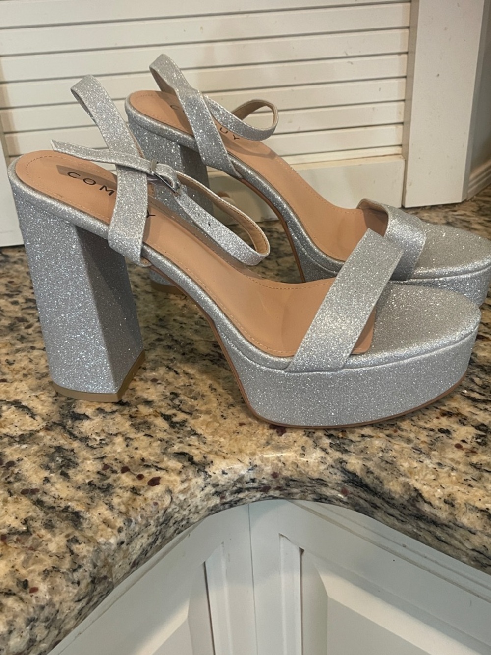 Glitter Platform Block Heel Sandals - Silver